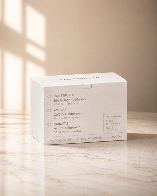 Viales monodosis THE RAVA LAB — colágeno marino hidrolizado de bajo peso molecular, fabricado en España